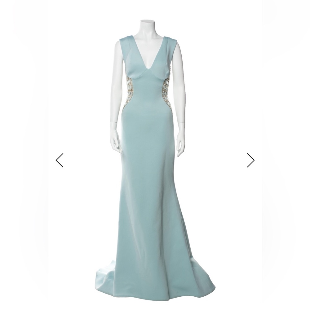 Terrain Couture formal robins egg blue formal gown with beaded side panels